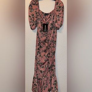 Pink Floral Ruched Front Frill Hem Midi Dress